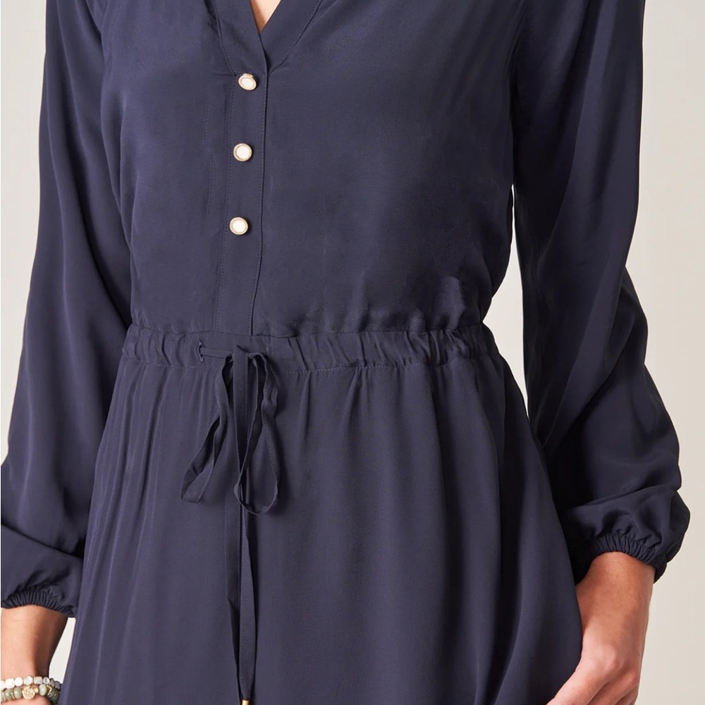 Spartina 449 Navy Long Sleeve V-Neck Drawstring Dress - Picture 2 of 11